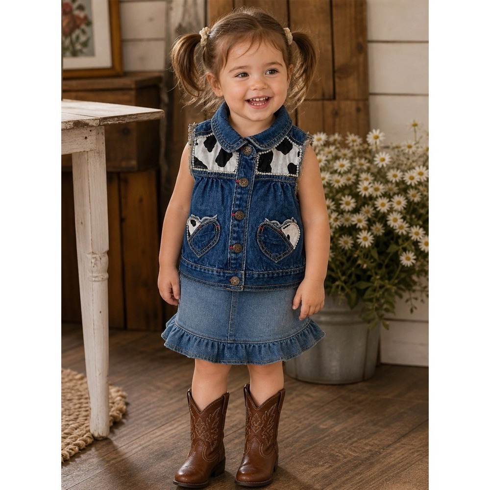 OshKosh B'gosh Toddler Western Bling Denim Vest Cow Print Jewel Trim Size 2T‎